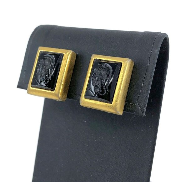 Clip On Earrings, Square Black Glass Intaglio Earrings, Vintage Clips - Picture 2 of 11